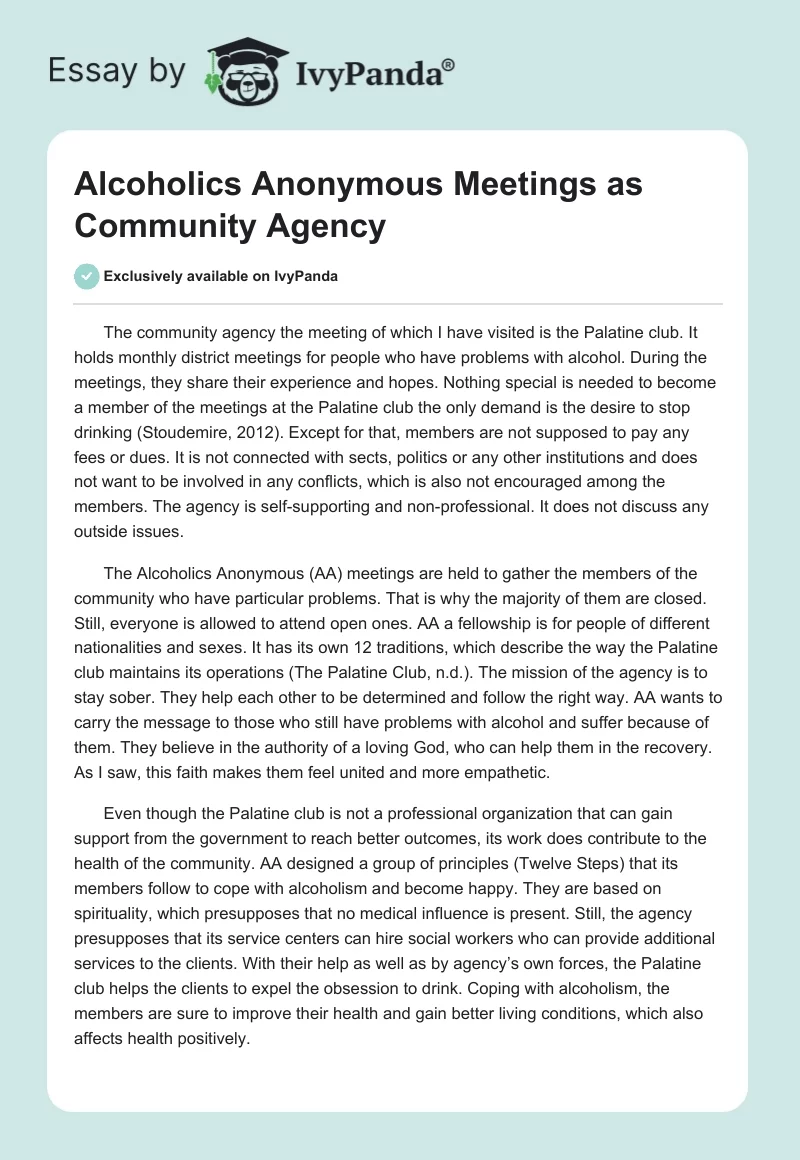 Alcoholics Anonymous Meetings as Community Agency. Page 1