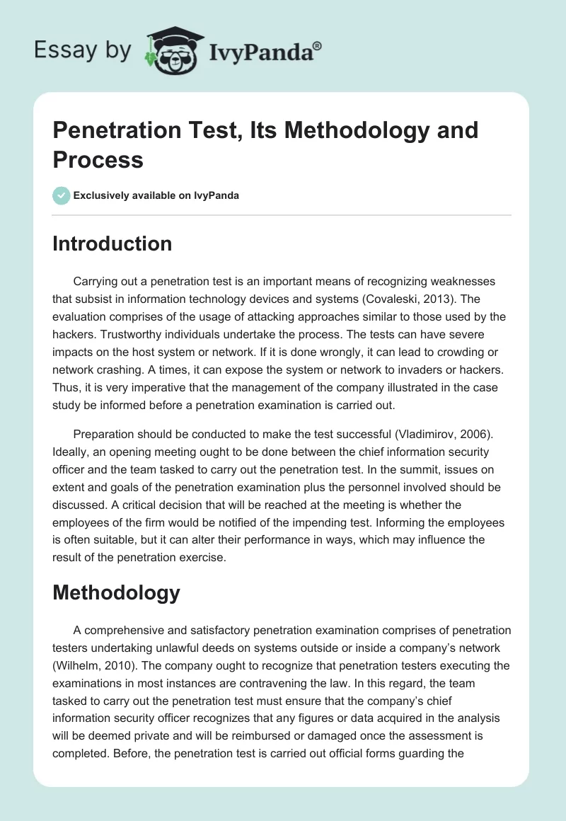 Penetration Test, Its Methodology and Process. Page 1