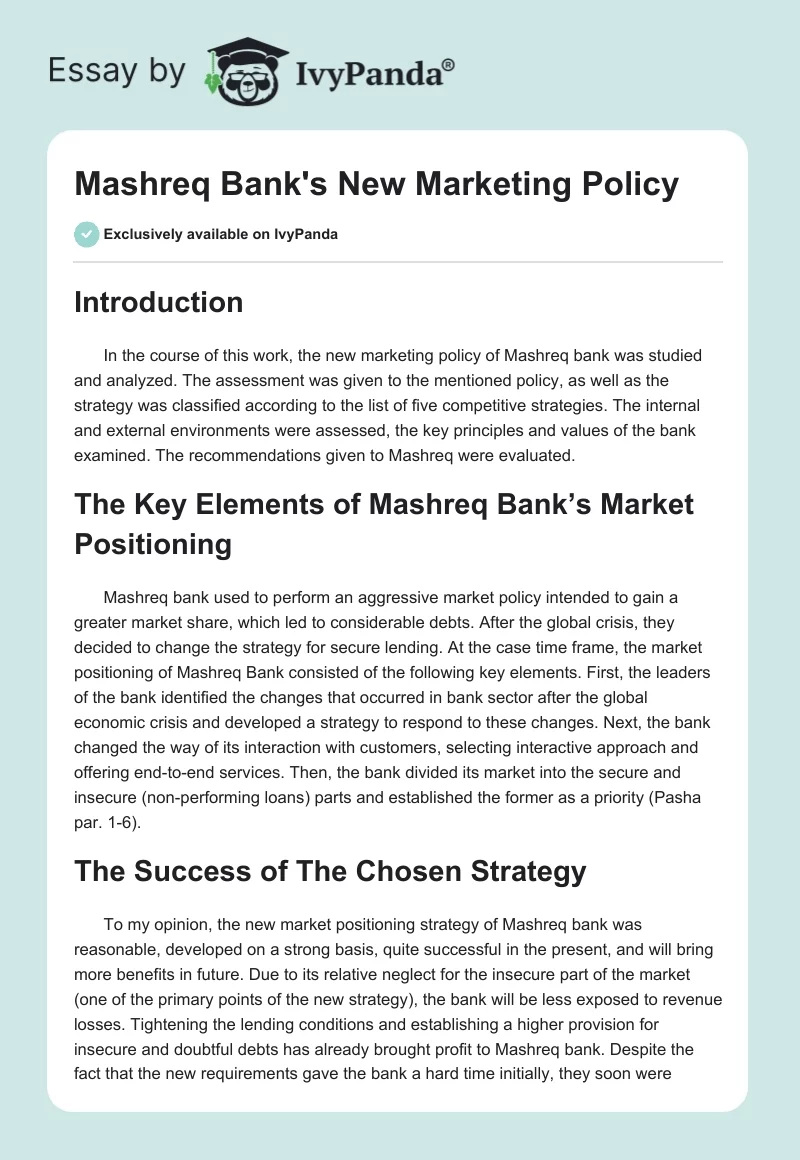 Mashreq Bank's New Marketing Policy. Page 1