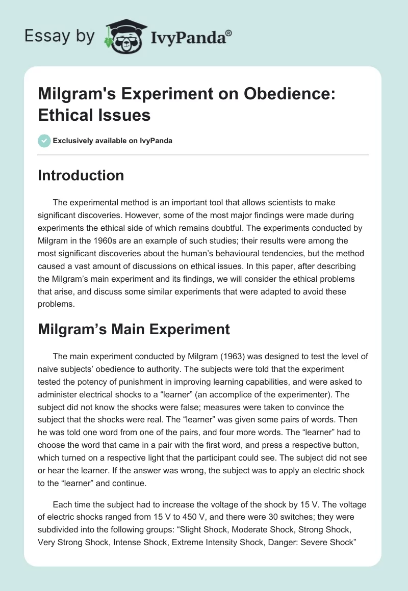 Milgram's Experiment on Obedience: Ethical Issues. Page 1