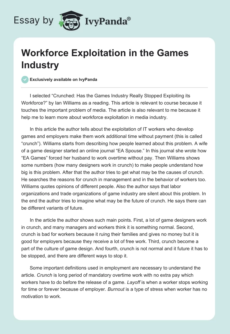 Workforce Exploitation in the Games Industry. Page 1