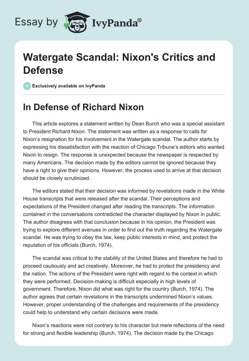 Watergate Scandal: Nixon's Critics and Defense. Page 1