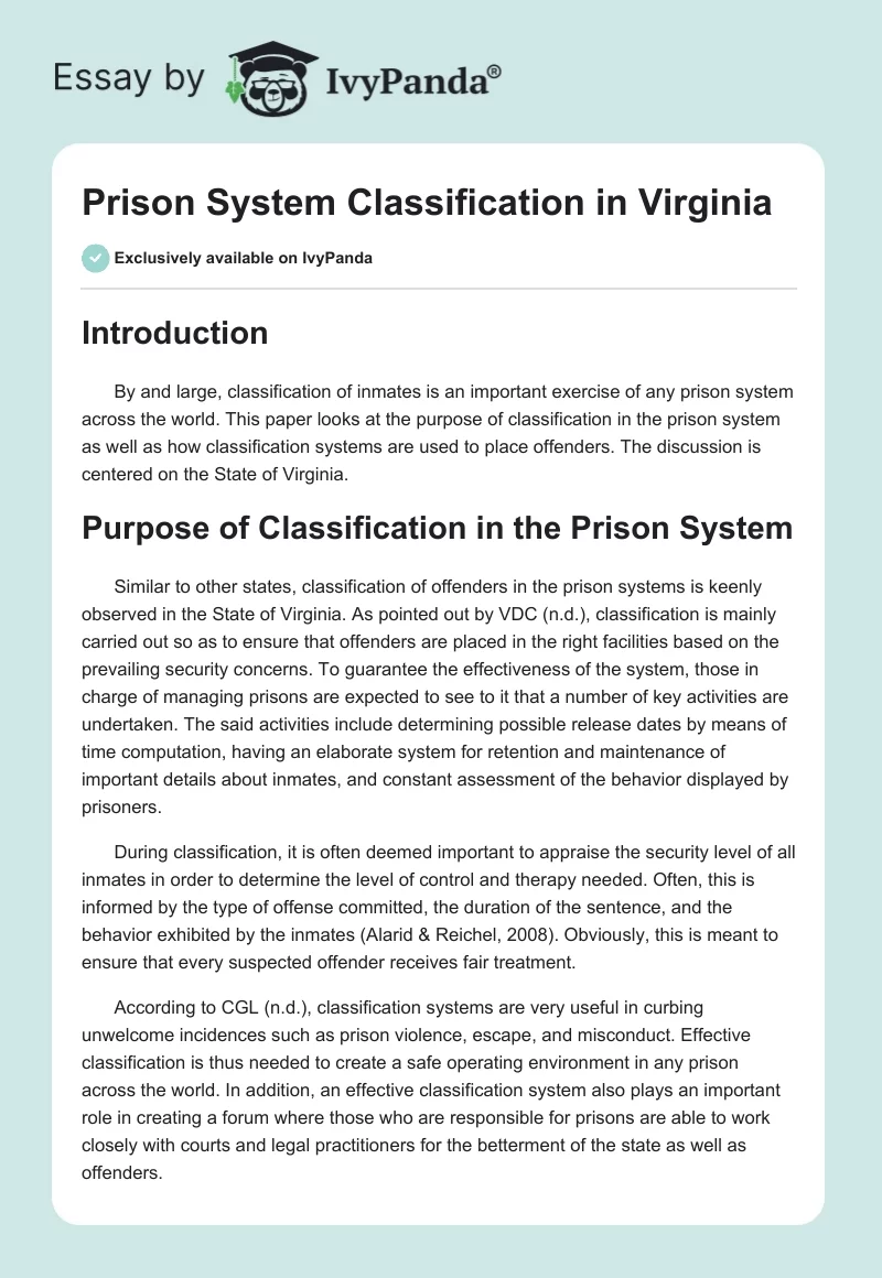 Prison System Classification in Virginia. Page 1