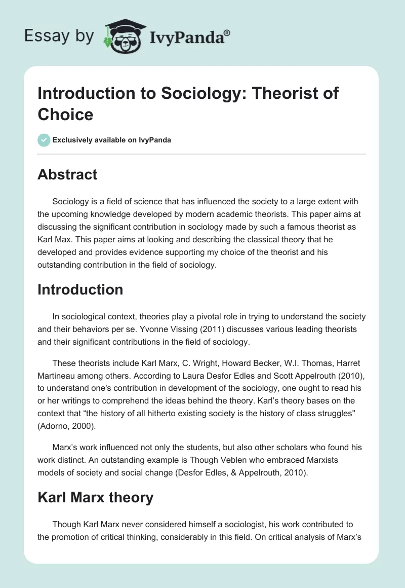 Introduction to Sociology: Theorist of Choice. Page 1