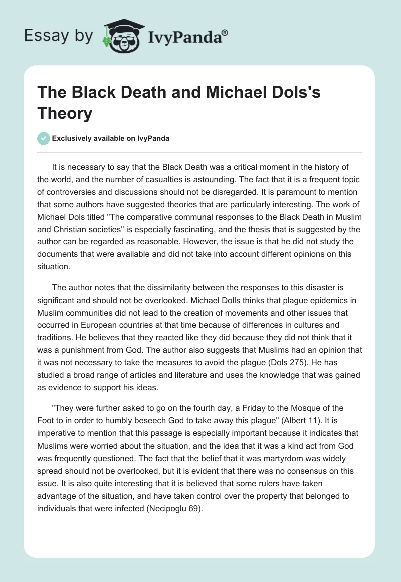 The Black Death and Michael Dols's Theory. Page 1
