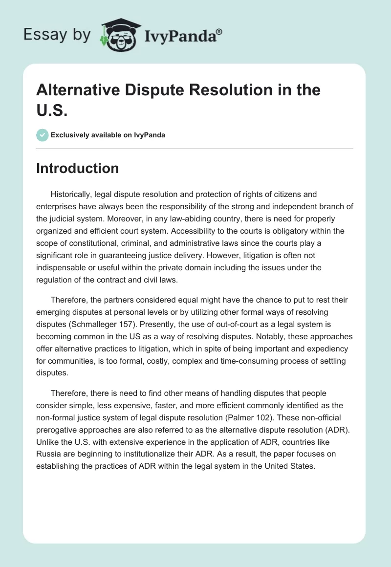 Alternative Dispute Resolution in the U.S.. Page 1