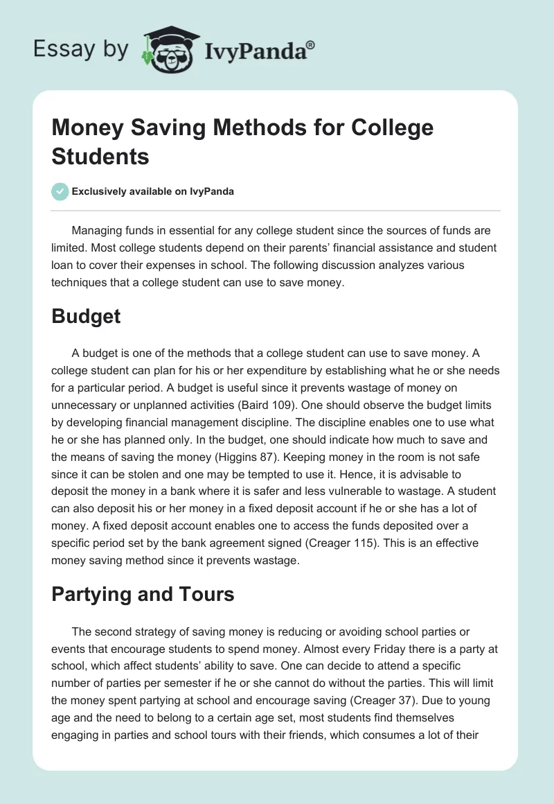 Money Saving Methods for College Students. Page 1