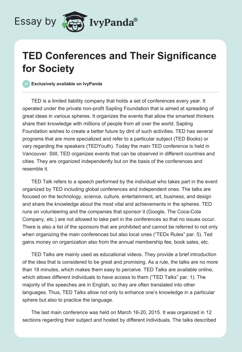 TED Conferences and Their Significance for Society. Page 1