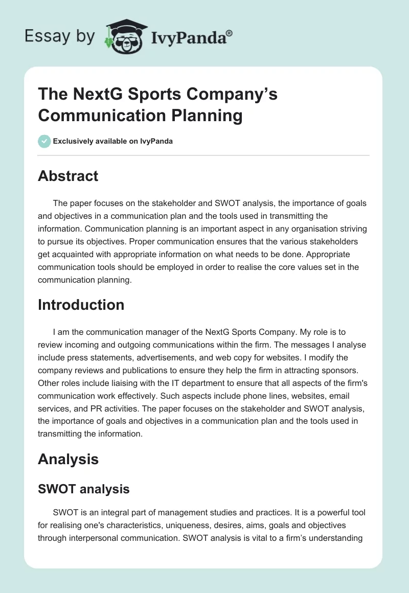 The NextG Sports Company’s Communication Planning. Page 1
