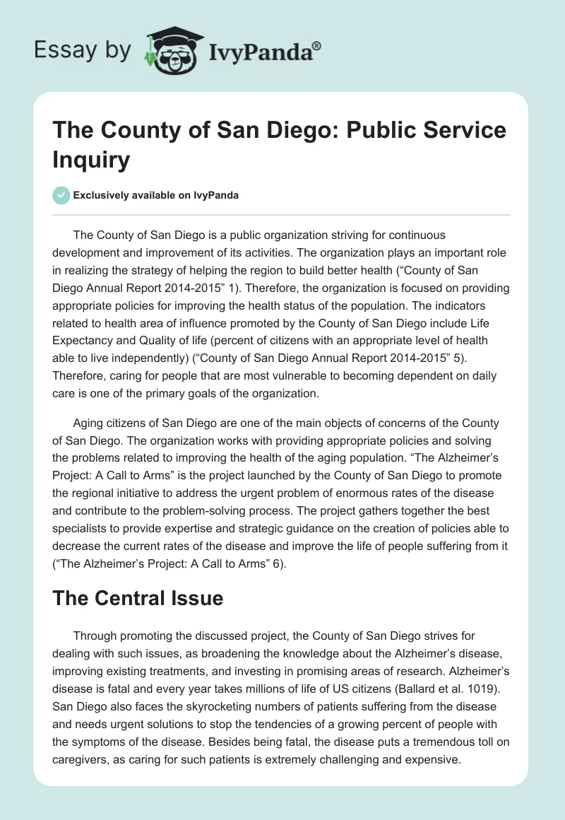 The County of San Diego: Public Service Inquiry. Page 1