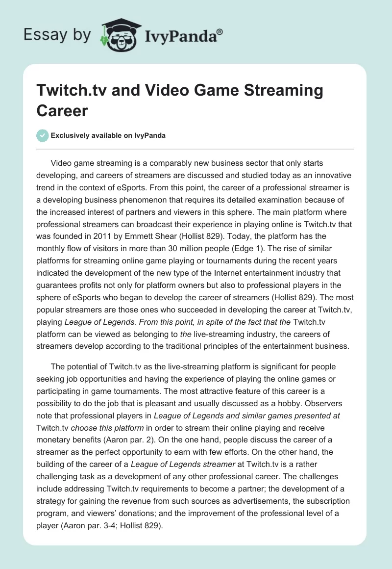 Twitch.tv and Video Game Streaming Career. Page 1