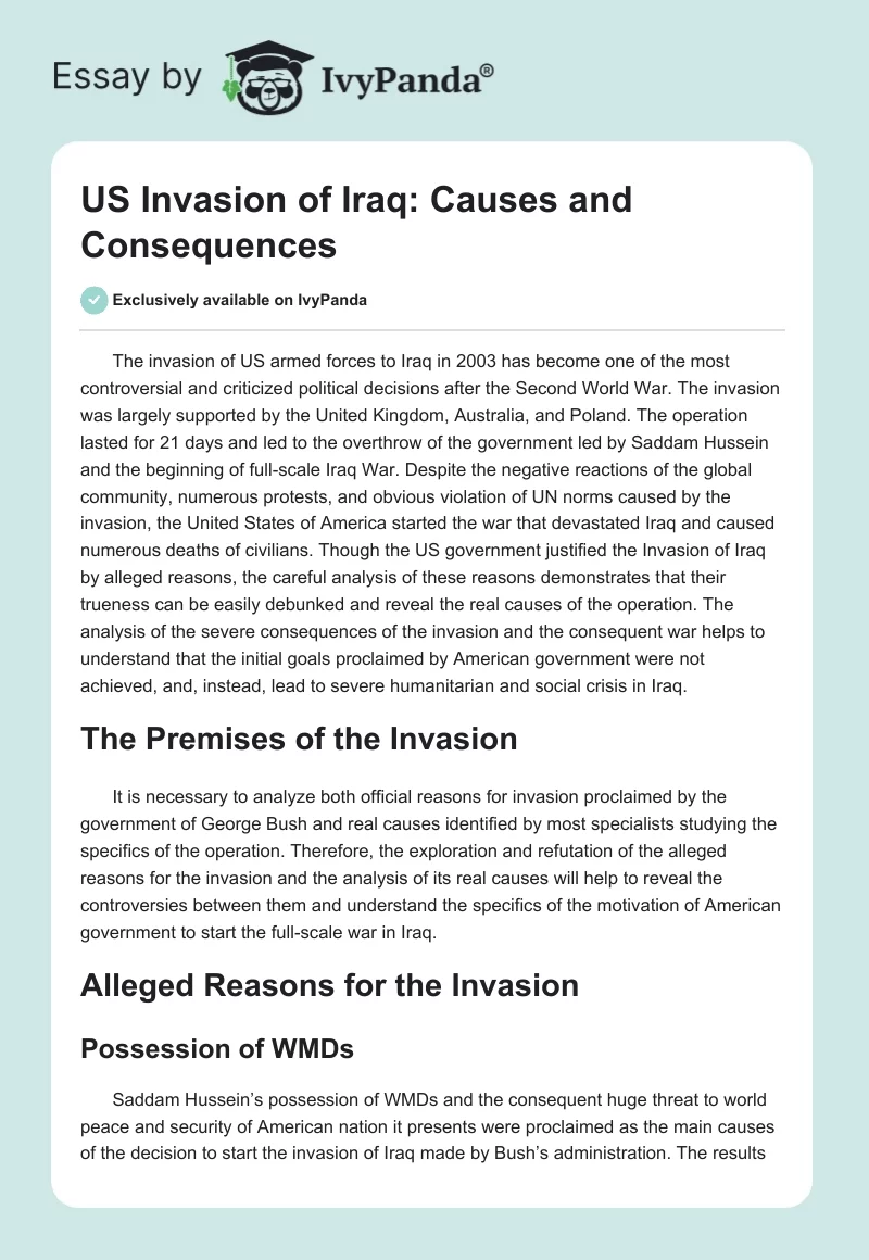 US Invasion of Iraq: Causes and Consequences. Page 1