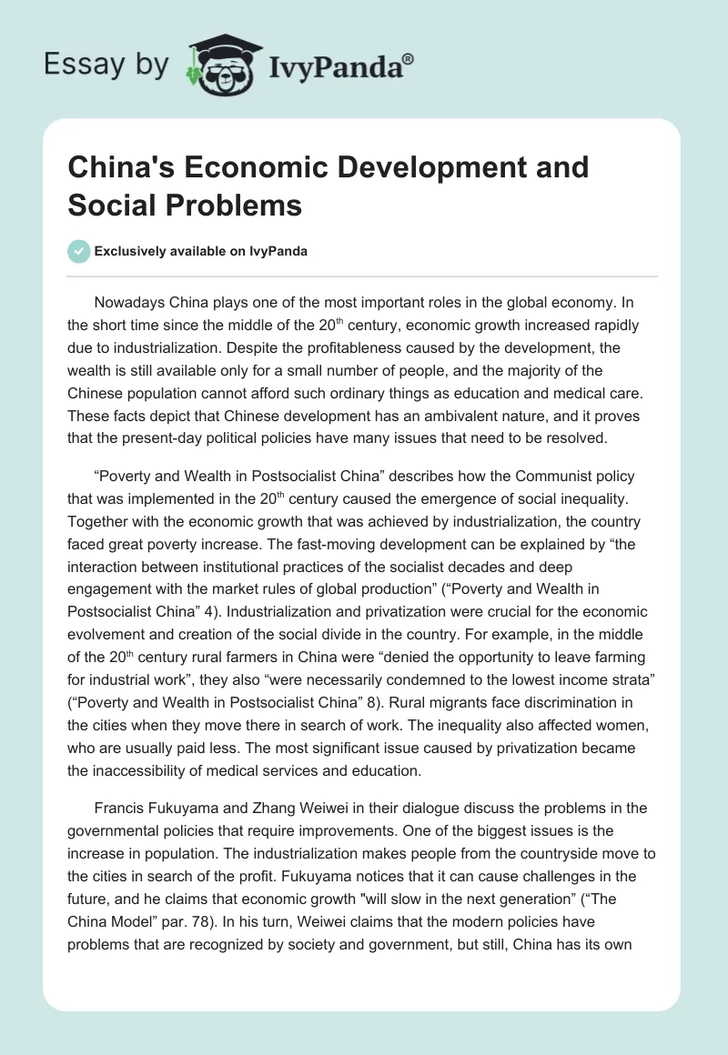 China's Economic Development and Social Problems. Page 1