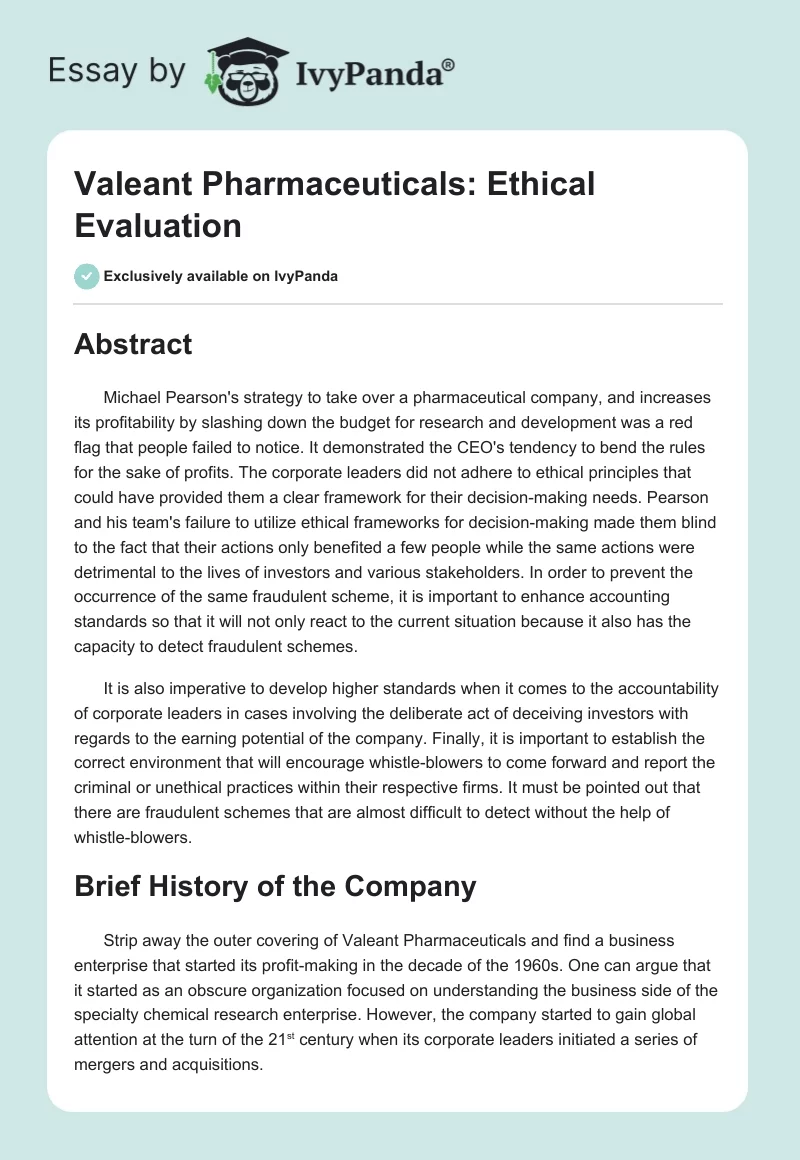 Valeant Pharmaceuticals: Ethical Evaluation. Page 1