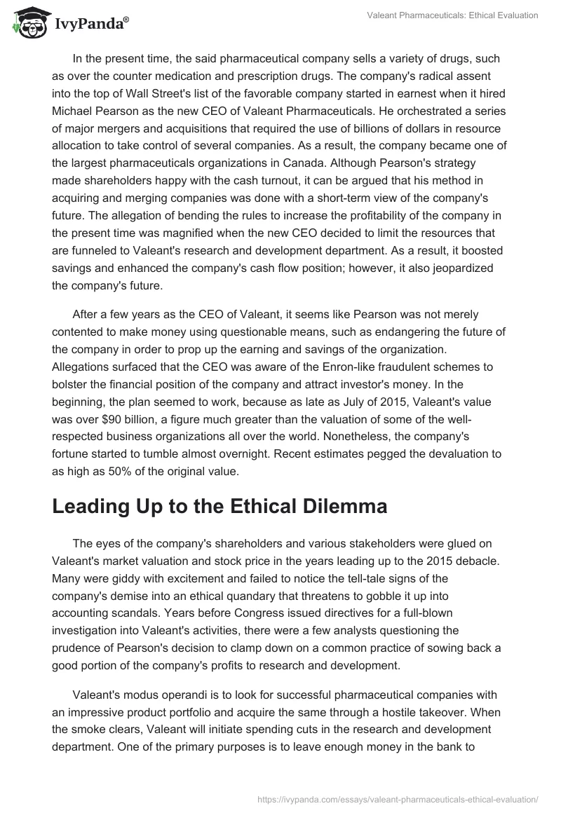 Valeant Pharmaceuticals: Ethical Evaluation. Page 2