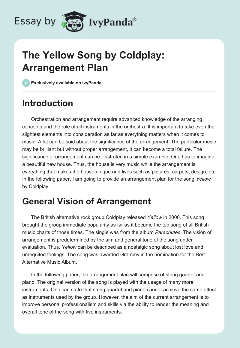 The "Yellow" Song by Coldplay: Arrangement Plan. Page 1