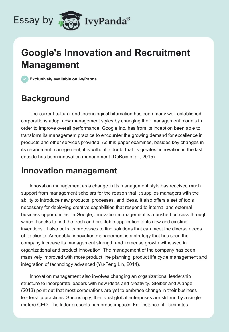 Google's Innovation and Recruitment Management. Page 1