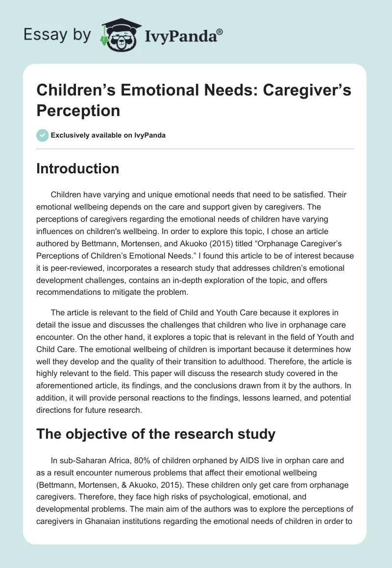 Children’s Emotional Needs: Caregiver’s Perception. Page 1