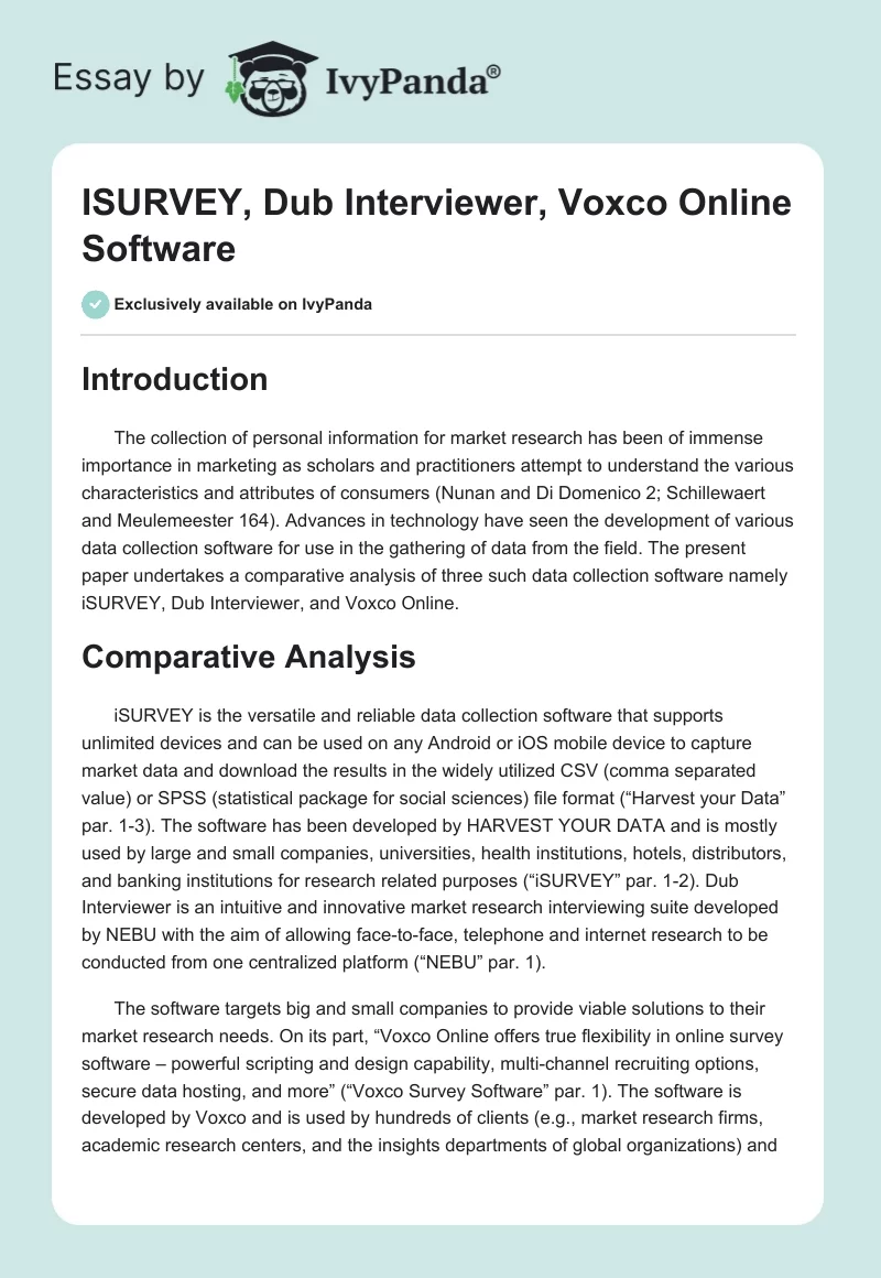 ISURVEY, Dub Interviewer, Voxco Online Software. Page 1