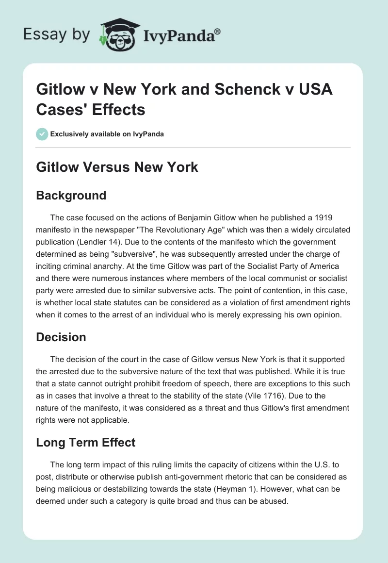 Gitlow v New York and Schenck v USA Cases' Effects. Page 1