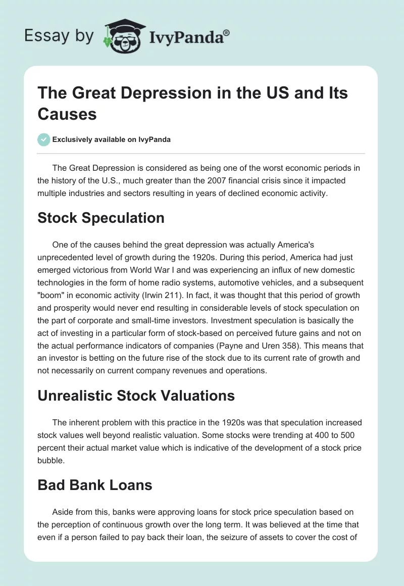 The Great Depression in the US and Its Causes. Page 1