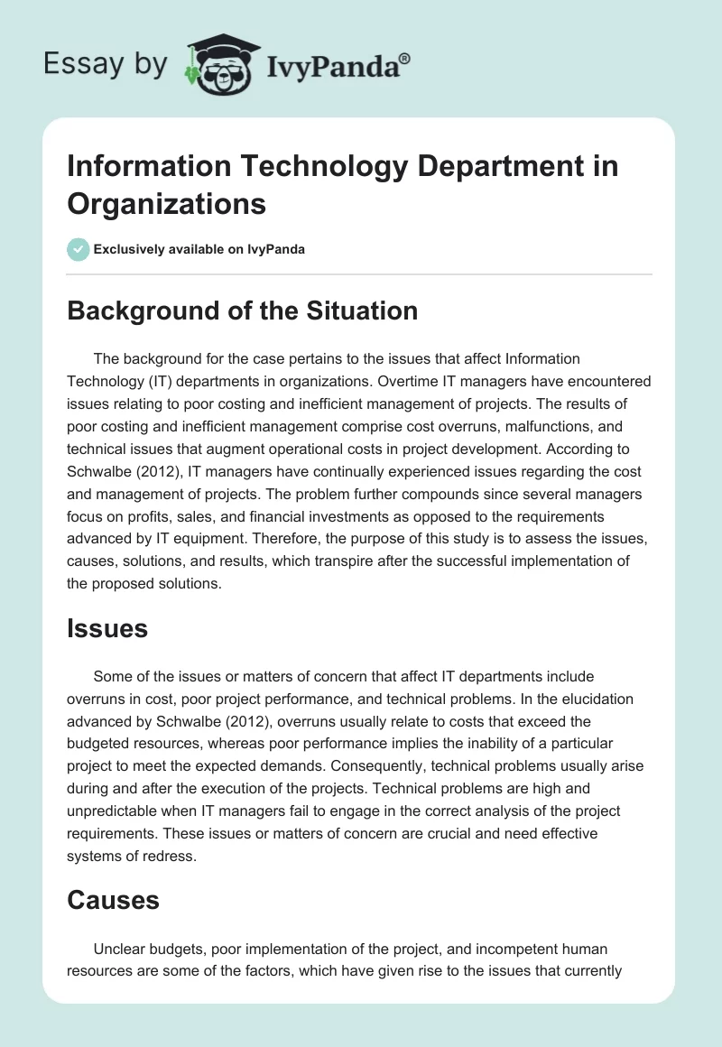 Information Technology Department in Organizations. Page 1