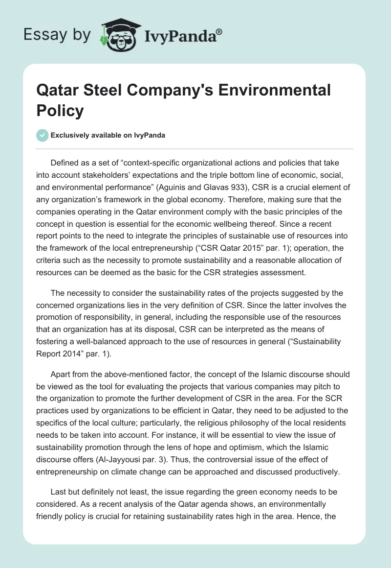 Qatar Steel Company's Environmental Policy. Page 1