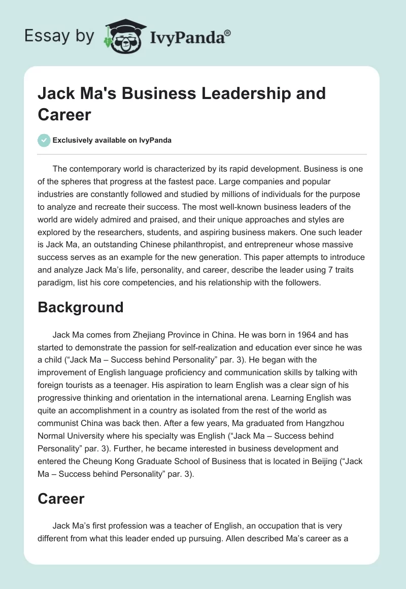 Jack Ma's Business Leadership and Career. Page 1
