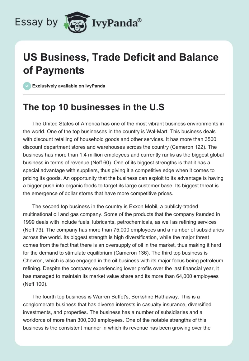 US Business, Trade Deficit and Balance of Payments. Page 1