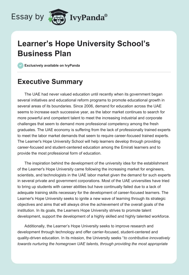 Learner’s Hope University School’s Business Plan. Page 1