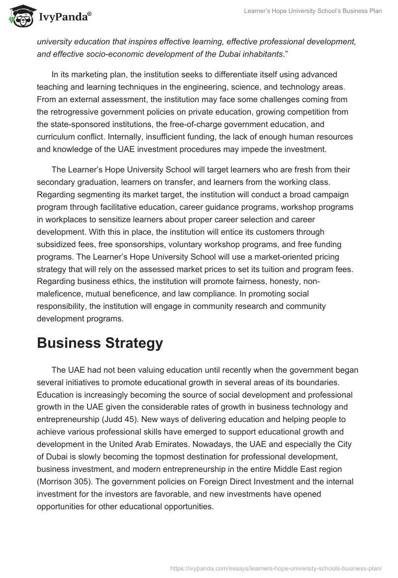 Learner’s Hope University School’s Business Plan. Page 2