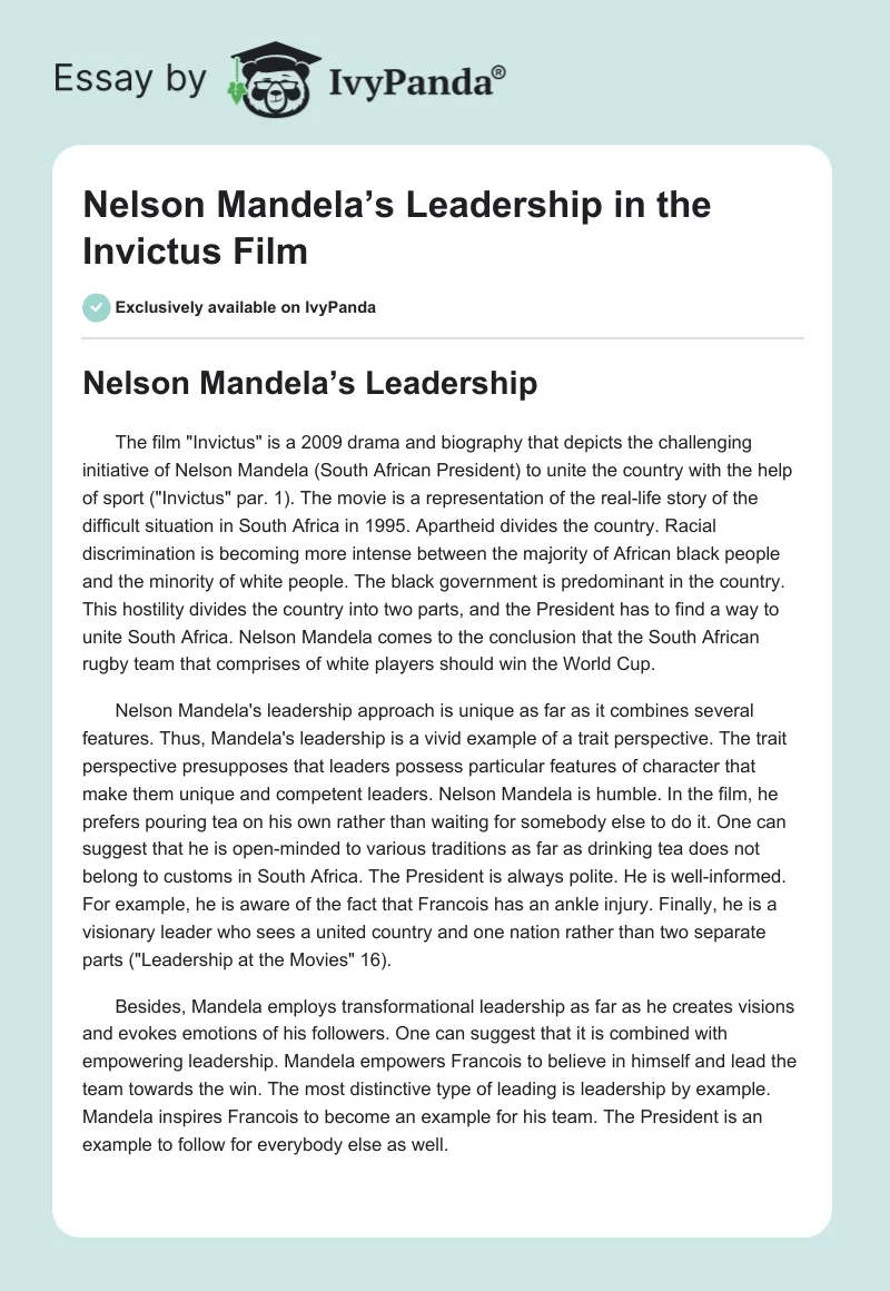 Nelson Mandela’s Leadership in the "Invictus" Film. Page 1