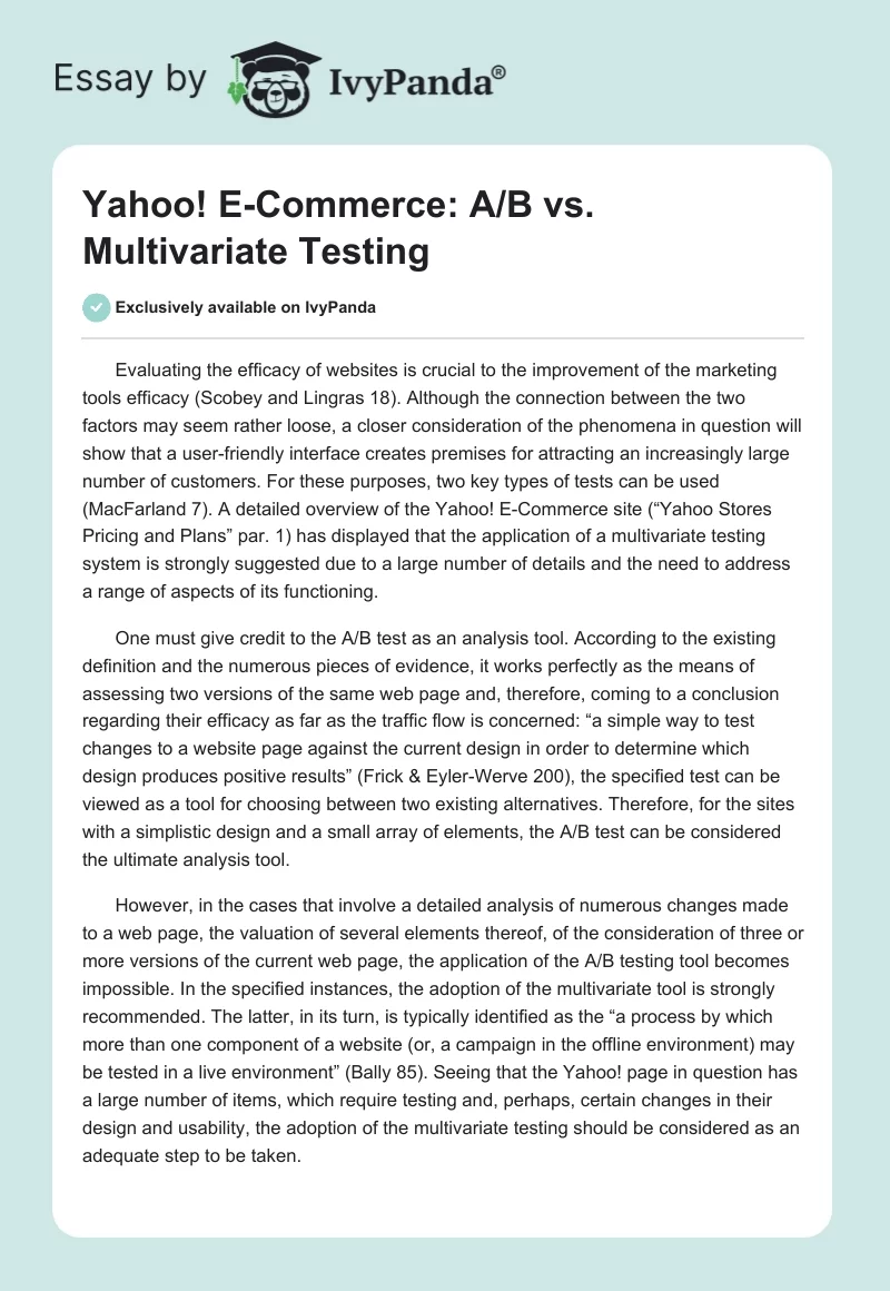 Yahoo! E-Commerce: A/B vs. Multivariate Testing. Page 1