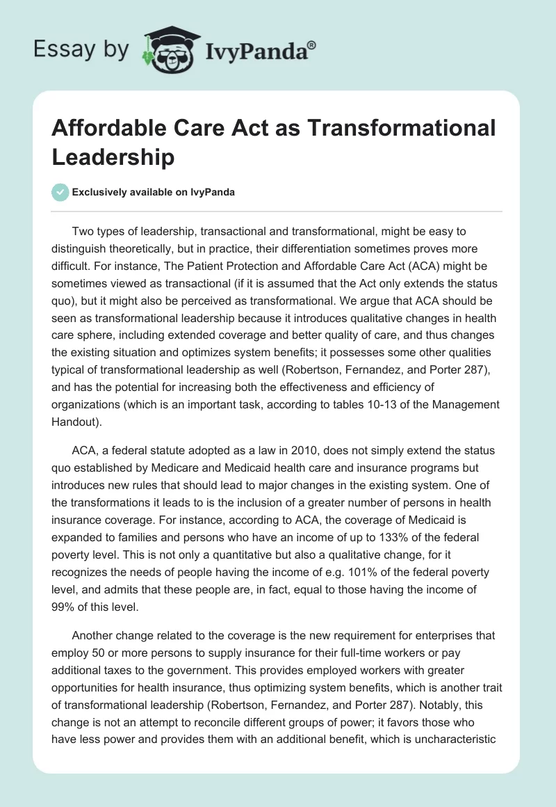 Affordable Care Act as Transformational Leadership. Page 1