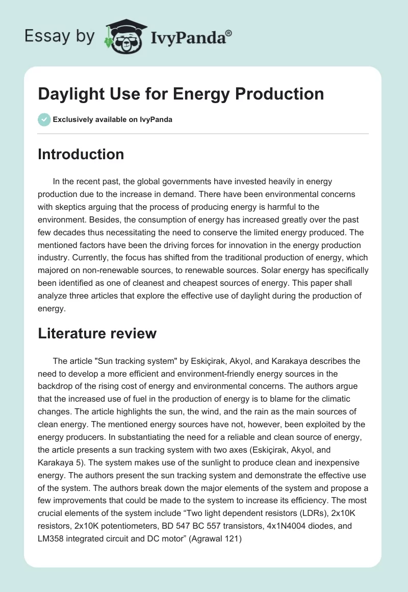 Daylight Use for Energy Production. Page 1
