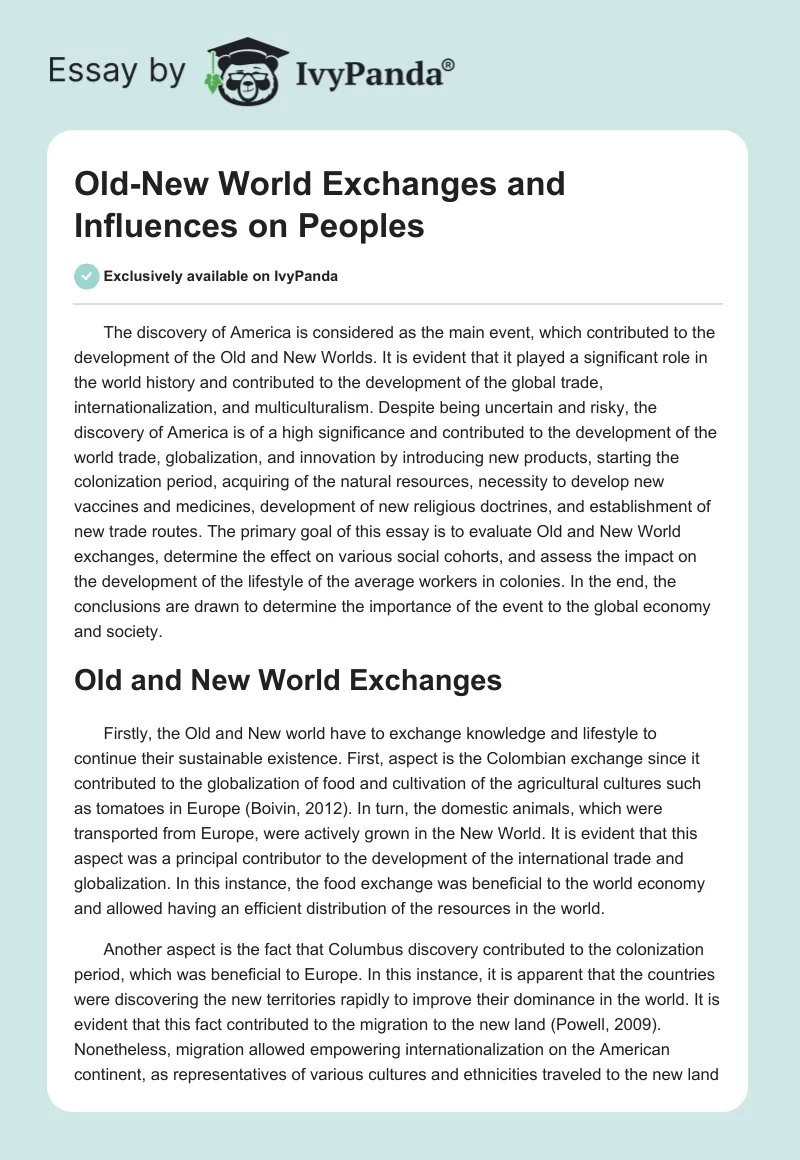 Old-New World Exchanges and Influences on Peoples. Page 1