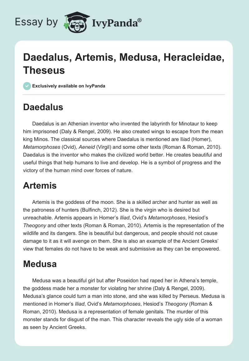 Daedalus, Artemis, Medusa, Heracleidae, Theseus. Page 1