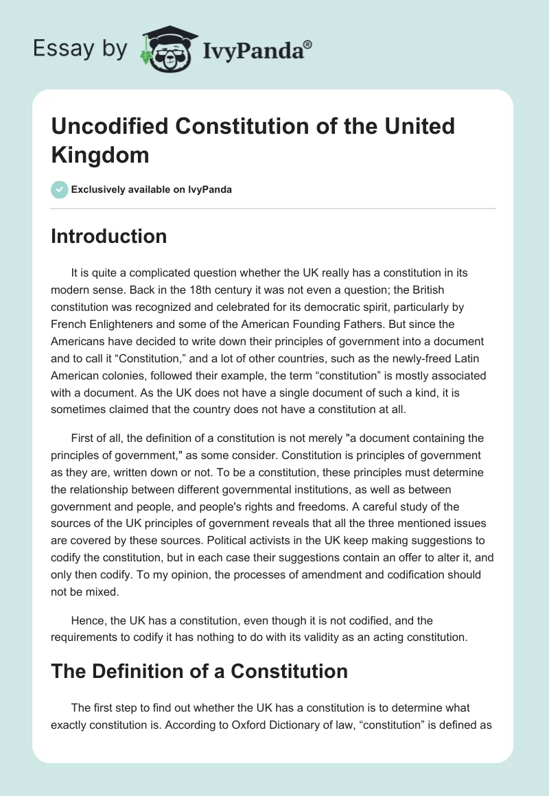 Uncodified Constitution of the United Kingdom. Page 1