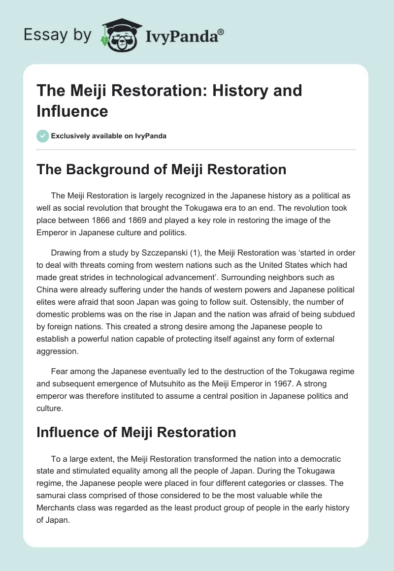 The Meiji Restoration: History and Influence. Page 1