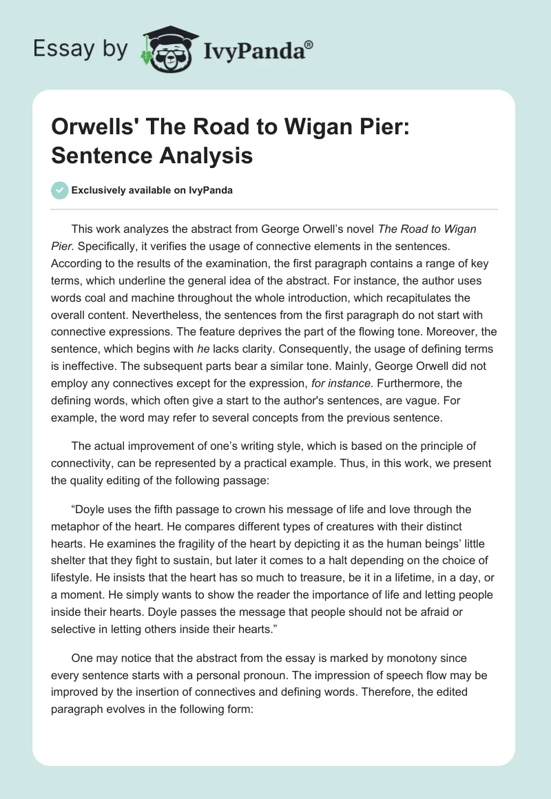 Orwells' The Road to Wigan Pier: Sentence Analysis. Page 1