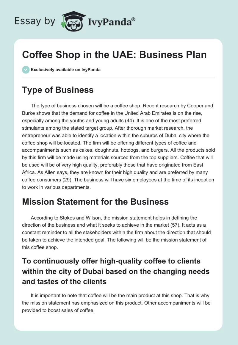 Coffee Shop in the UAE: Business Plan. Page 1