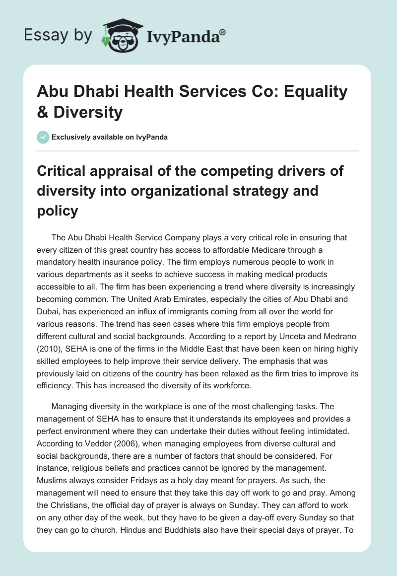 Abu Dhabi Health Services Co: Equality & Diversity. Page 1
