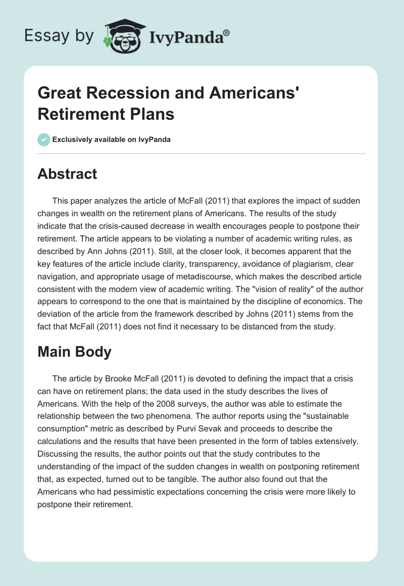 Great Recession and Americans' Retirement Plans. Page 1