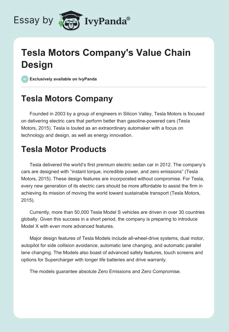 Tesla Motors Company's Value Chain Design. Page 1