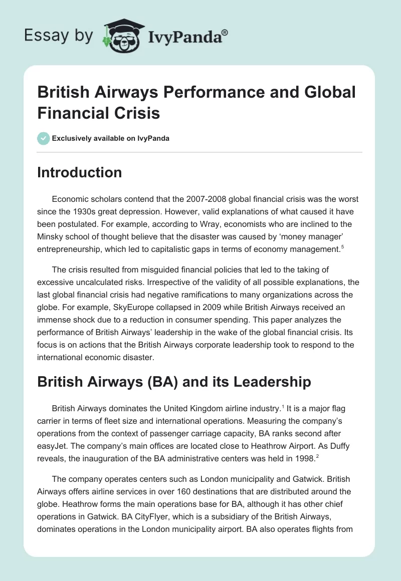 British Airways Performance and Global Financial Crisis. Page 1