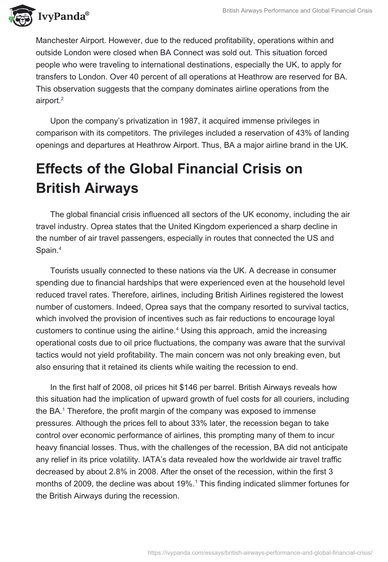 British Airways Performance and Global Financial Crisis. Page 2