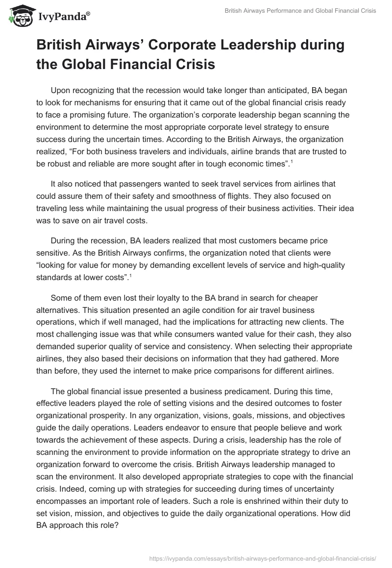 British Airways Performance and Global Financial Crisis. Page 3