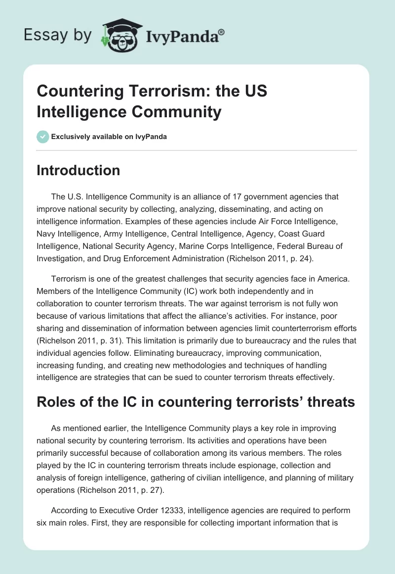 Countering Terrorism: The US Intelligence Community. Page 1