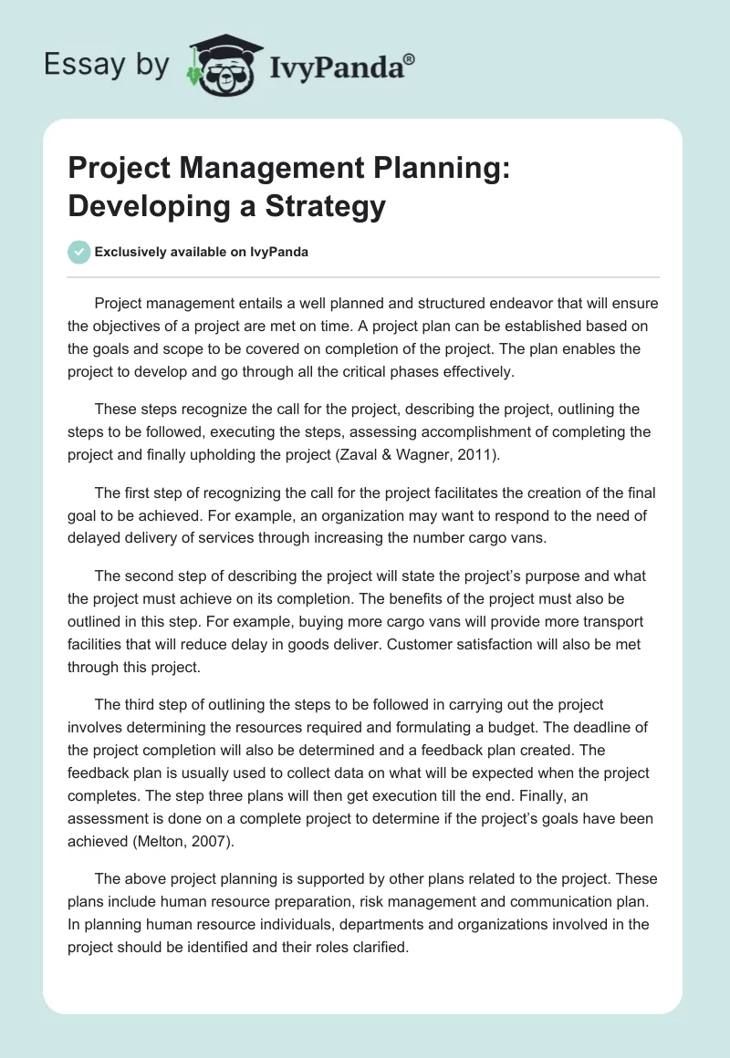 Project Management Planning: Developing a Strategy. Page 1