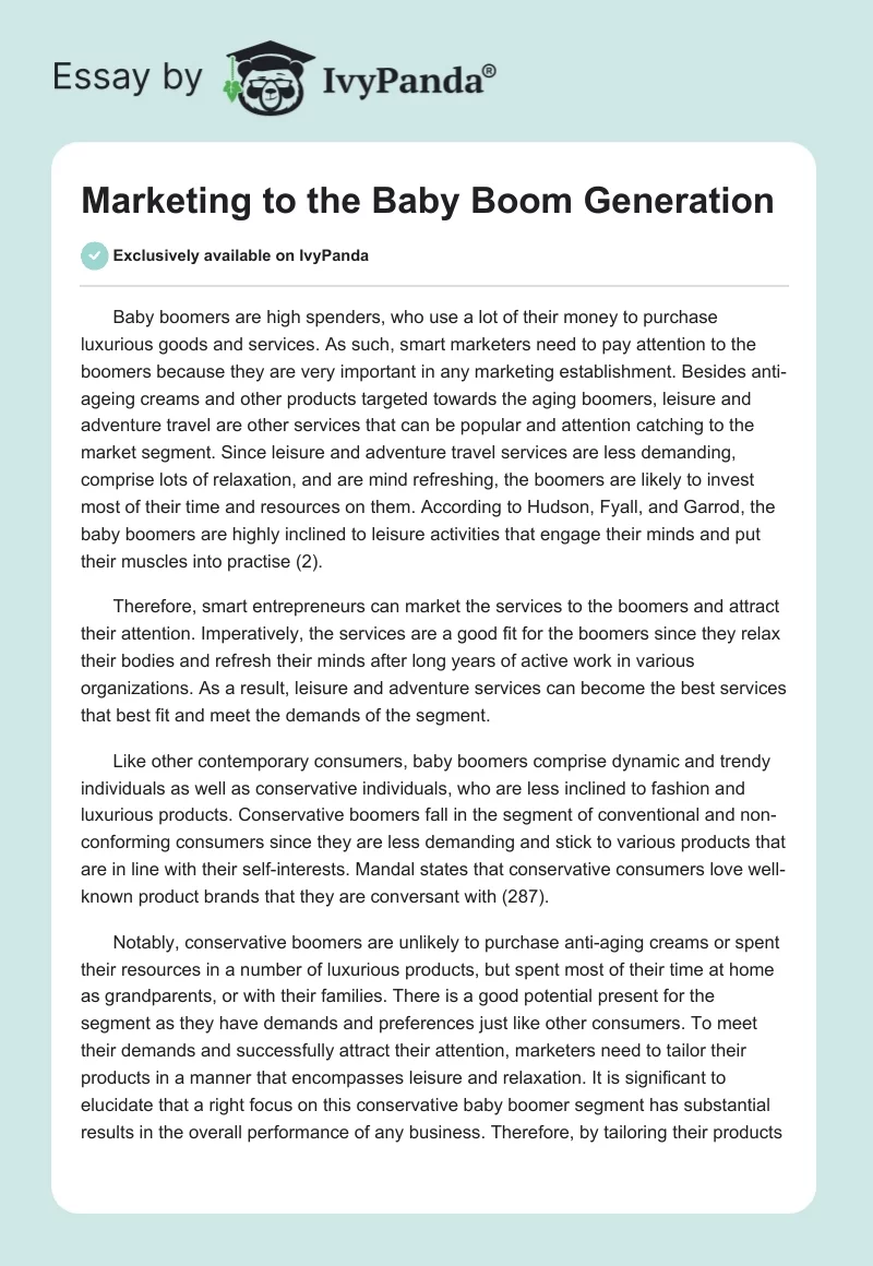 Marketing to the Baby Boom Generation. Page 1